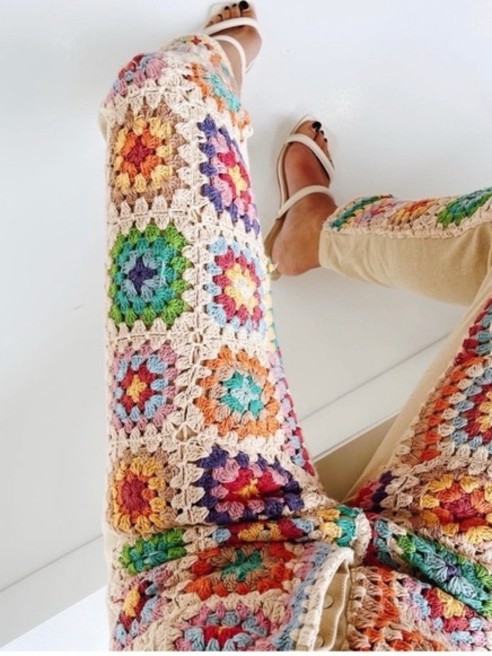 NWT Free People Crochet Patchwork Straight Leg Pants in Cream Multicolor